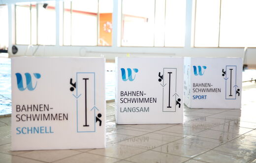 Drei Informationswürfel am Beckenrand auf denen Schwimmbahn schnell, langsam und Sport steht